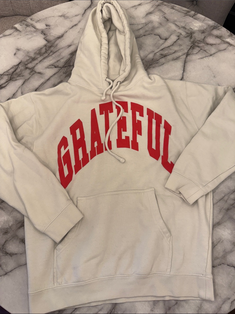 Grateful Cream Hoodie with Red Lettering